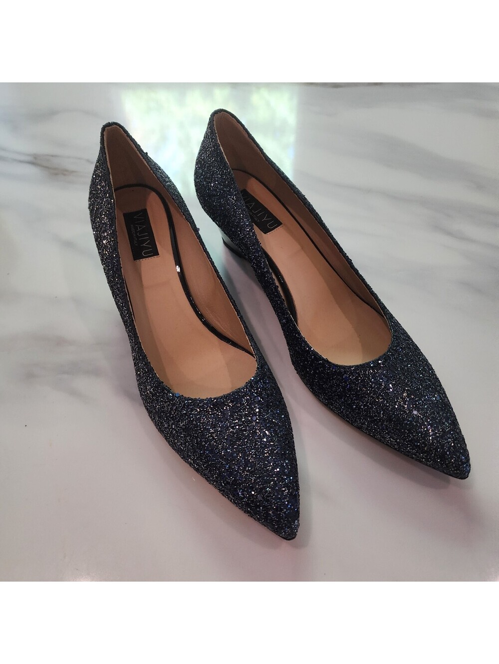 VIAJYU Women's Sparkly Navy Blue Wedge Heels Made in Italy Size 43 12